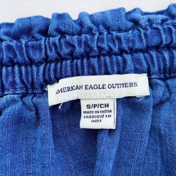 SOLD American Eagle Off Shoulder Blue Chambray Floral Eyelet Bell Sleeve Top S - Picture 7 of 11